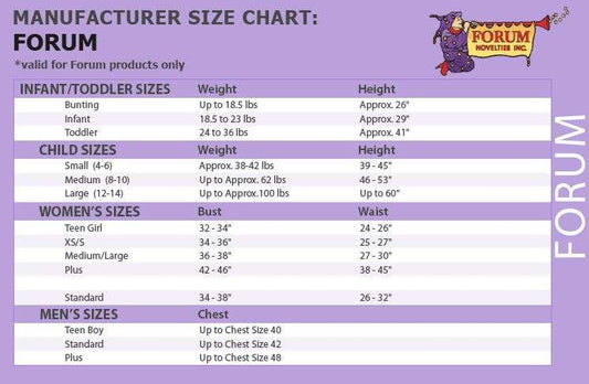 Size chart for costume, with Forum manufacturer weights and heights table