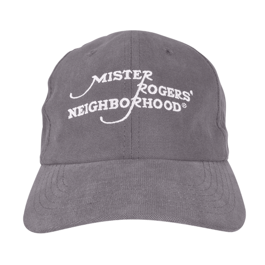 Gray baseball cap with embroidered "MISTER ROGERS' NEIGHBORHOOD" logo