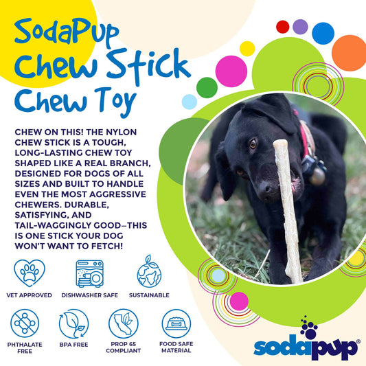 Natural nylon chew stick shown with a dog holding the branch-shaped chew toy