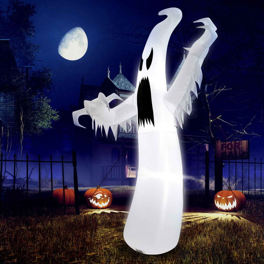 12 ft LED inflatable ghost figure, white fabric with black jagged teeth, arms raised
