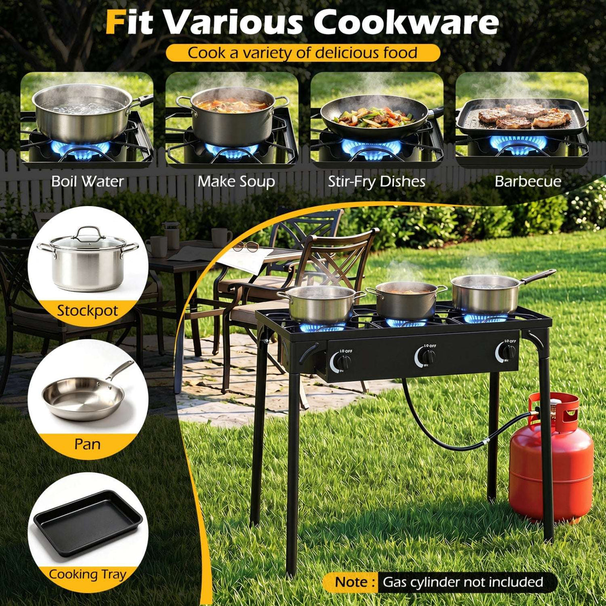 Three-burner propane camping stove shown with pots, pans, and a cooking tray.