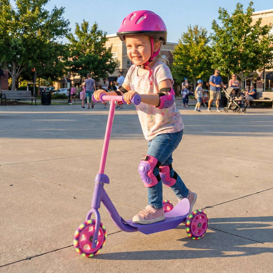 Three-wheel kids scooter with pink handlebar and purple deck, LED wheel lights