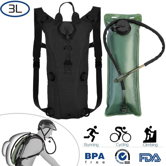 Black hydration backpack with 3L bladder system and green water reservoir