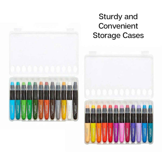 24-color gel stick crayons in clear plastic storage cases, visible end tips
