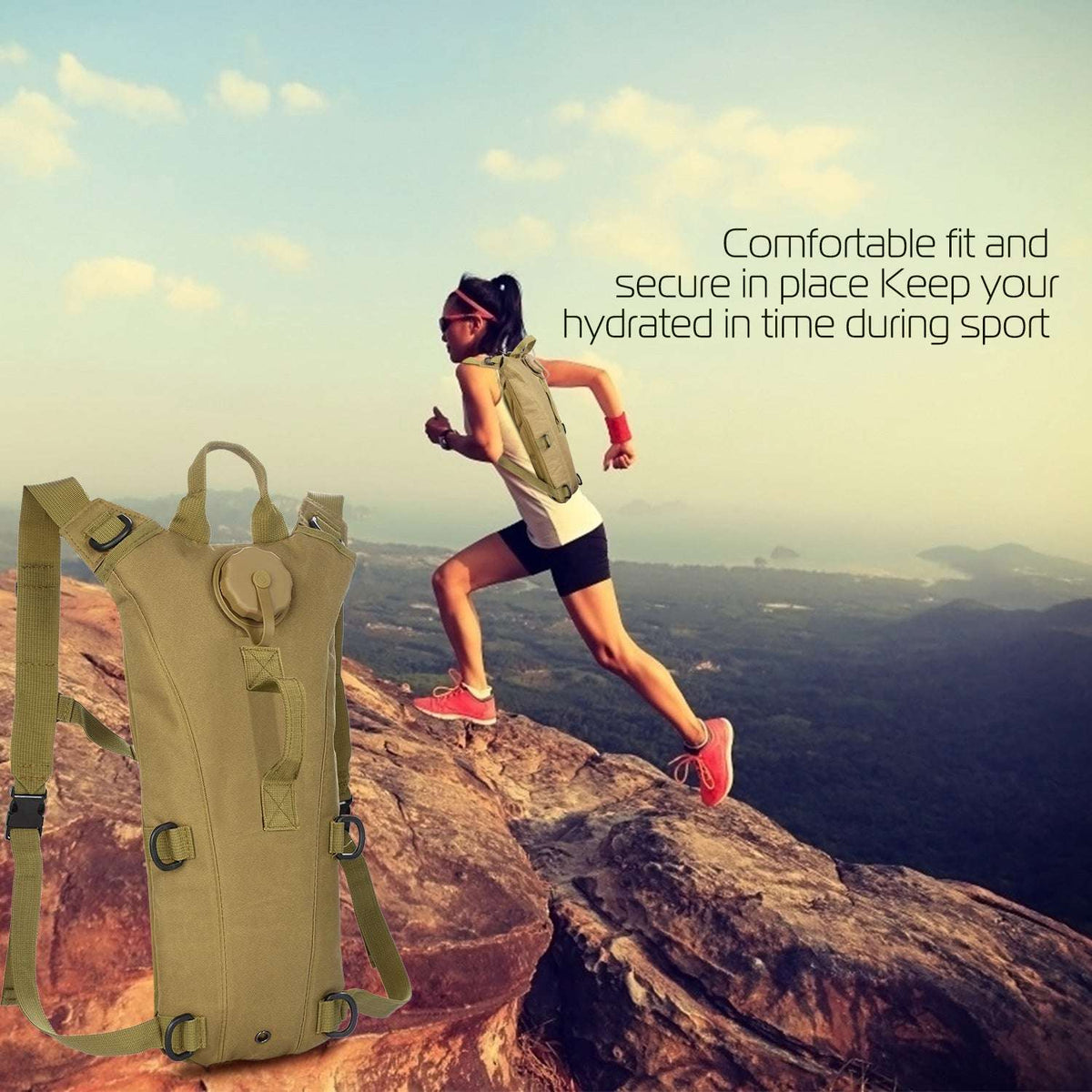 Tan 3L hydration bladder vest backpack worn during outdoor running on a rocky trail
