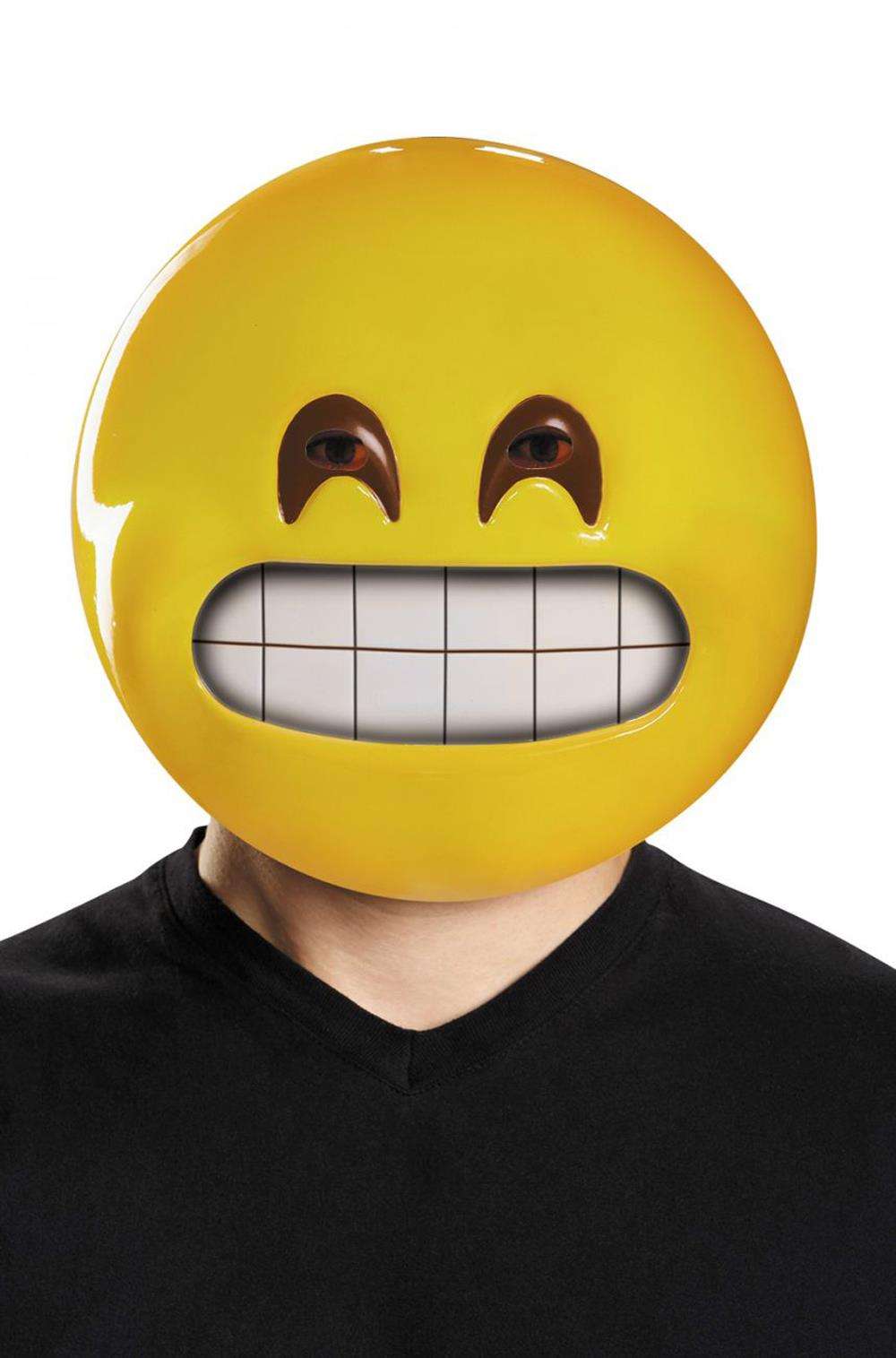 Large yellow plastic emoji half mask with wide grin and brown eyes