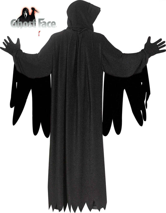 Black hooded robe costume with open arms and white scream-style mask