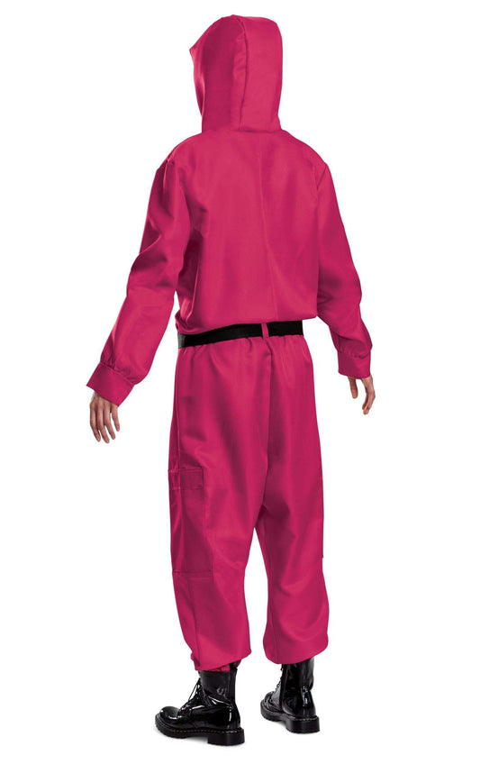 Back view magenta hooded jumpsuit with black belt and concealed face mask