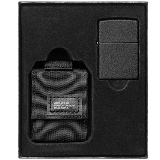 Black fabric modular pouch and Zippo lighter shown in presentation box
