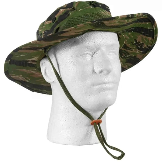 Tiger stripe boonie hat with wide brim and chin cord