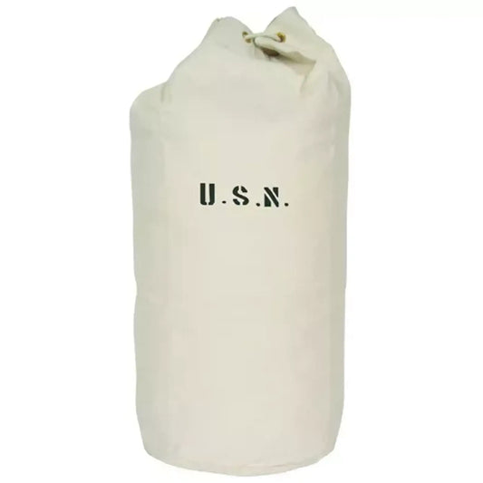 Off-white canvas sea bag with gathered drawstring closure and centered U.S.N. text