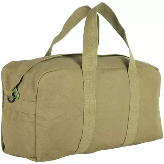 Olive drab canvas tool duffel bag with wide top handle and front pocket panel