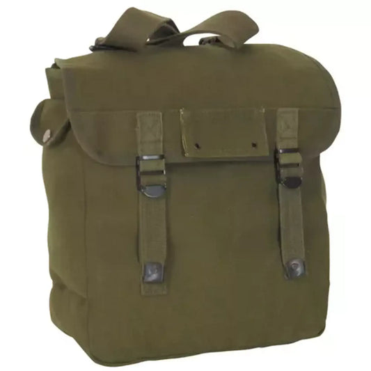 Olive drab musette bag with front flap pocket and two metal buckle straps