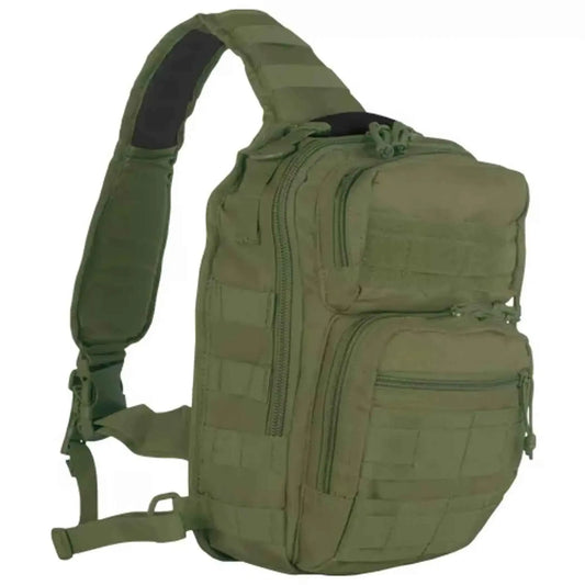 Olive tactical sling bag with top grab handle, flap pocket, and front zipper