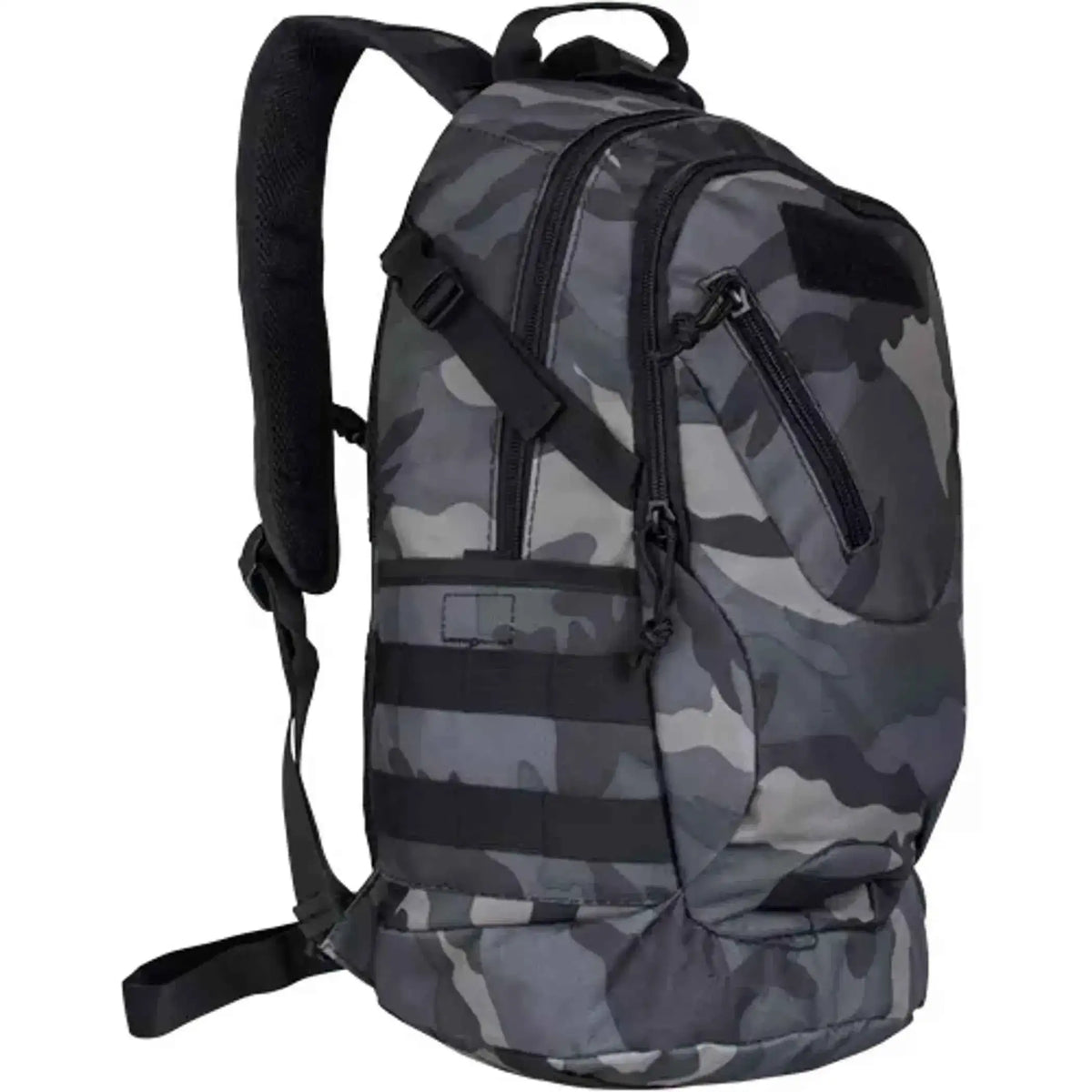 Compact tactical day pack in dark grey camouflage with front zip pocket and padded straps