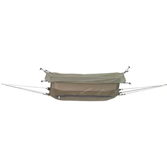 Olive drab hammock with gathered fabric and attached suspension lines