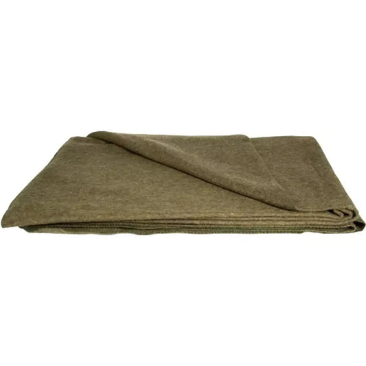 Olive drab wool blanket folded in a flat rectangle, visible edge stitching.