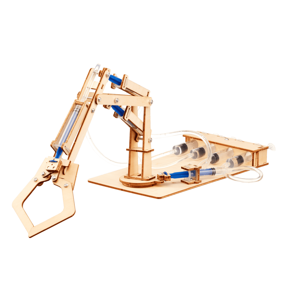 Hydraulic robotic arm STEM kit with claw gripper, hoses, and pump platform assembly