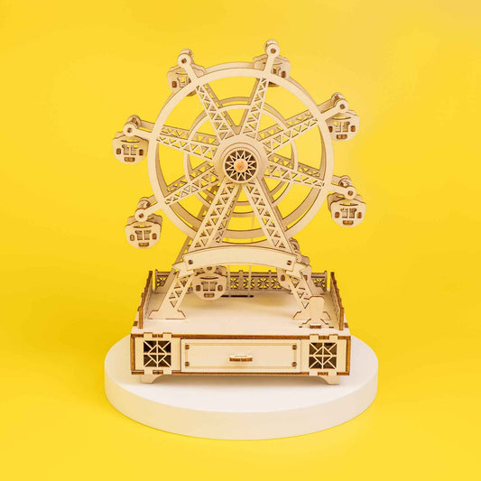 DIY wooden ferris wheel music box kit with ferris wheel frame on round base