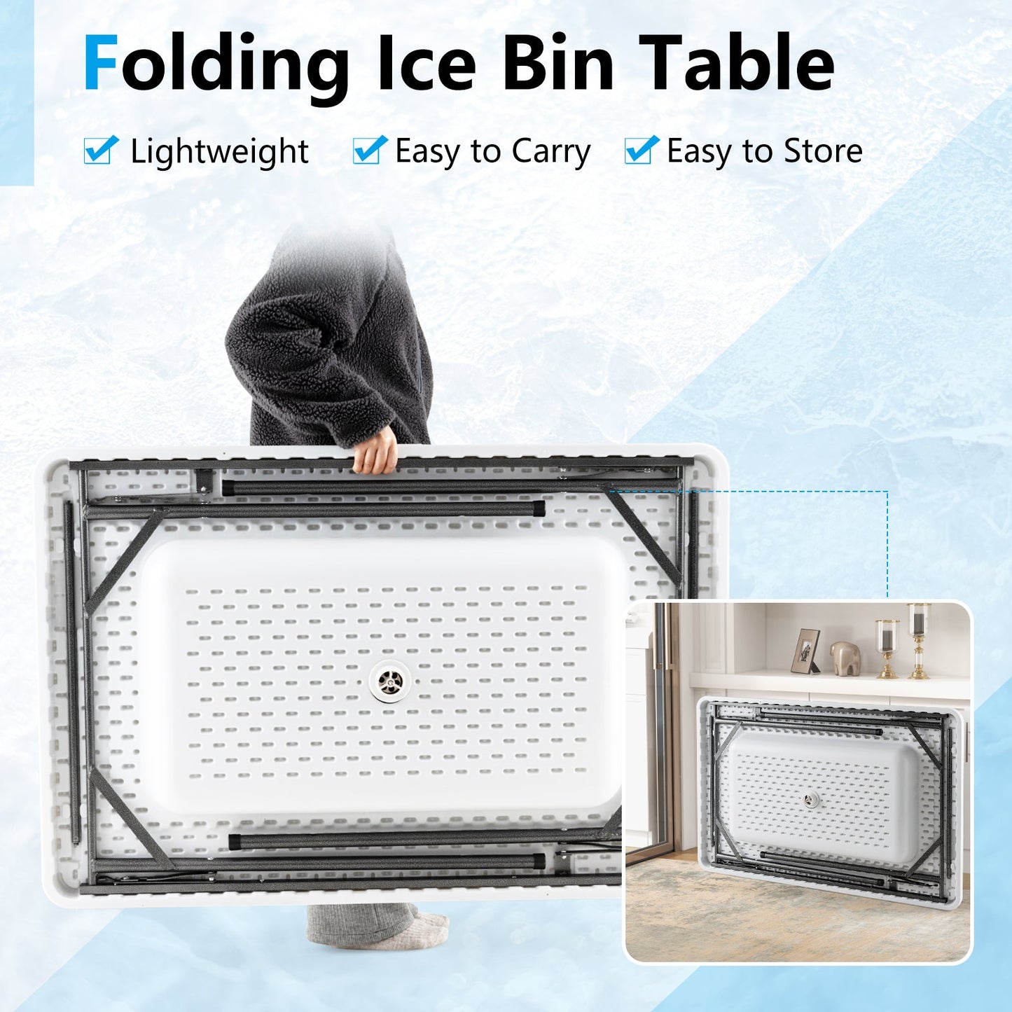 4-Foot Folding Ice Bin Table with Skirt & Quick Drain – HDPE Top, White