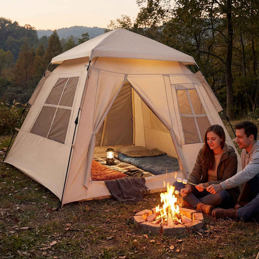 Beige automatic 4-person camping tent with rainfly, open door and mesh windows
