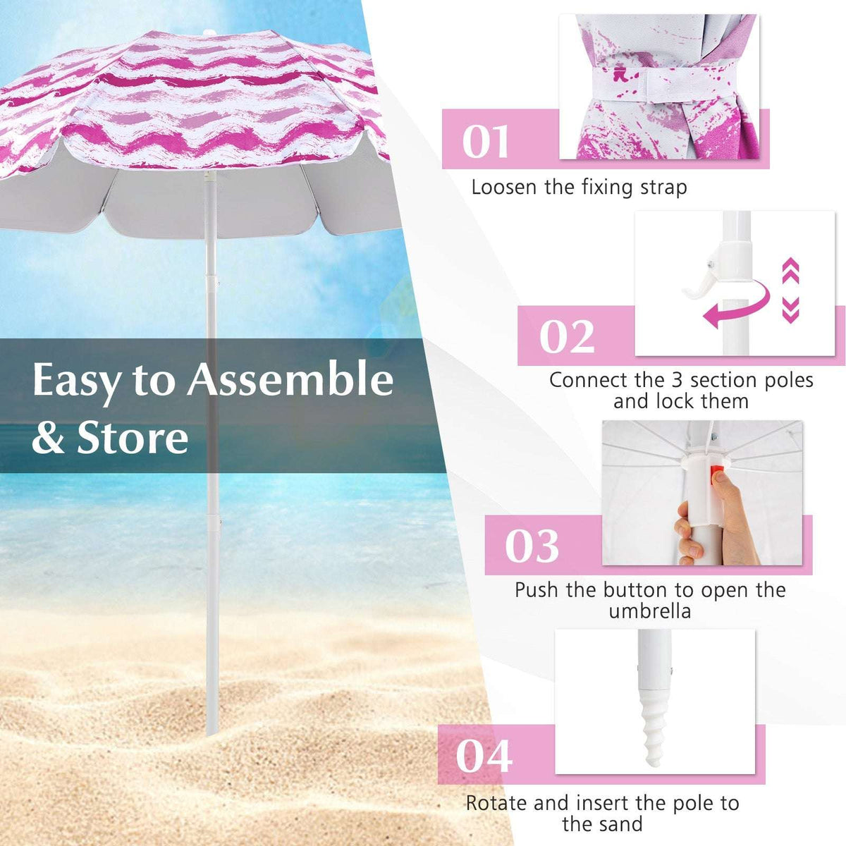 Pink beach umbrella with instructions for assembling, opening, and storing