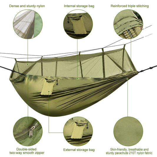 Olive green hammock with mosquito net, storage bag, zipper, and reinforced stitching details