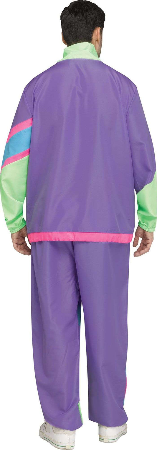 Men's retro track suit costume, back view with purple jacket and pants, neon panel stripes