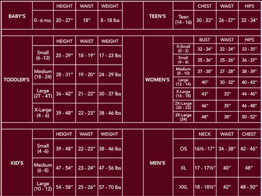 Costume size chart showing height, waist, weight, and chest measurements