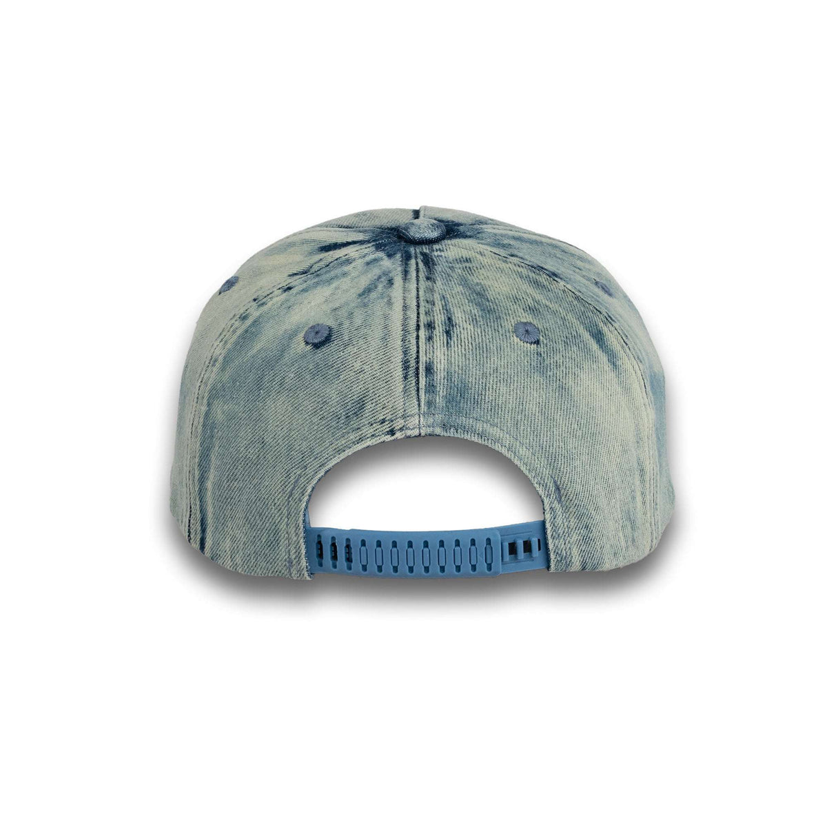Sage denim snapback cap back view with adjustable strap and vented panels