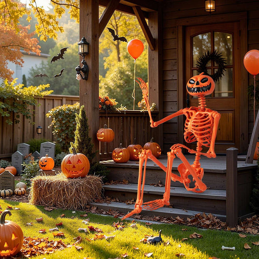 Orange poseable Halloween skeleton with carved pumpkin head, arms up outdoors on porch