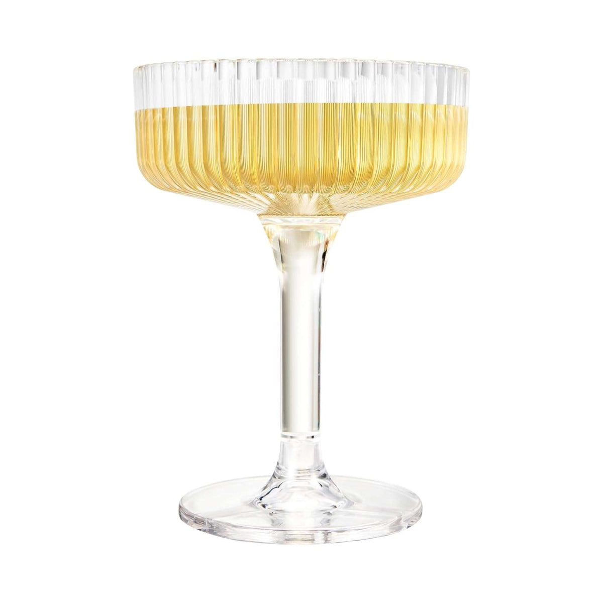 Single clear acrylic champagne coupe glass with gold drink and ridged bowl