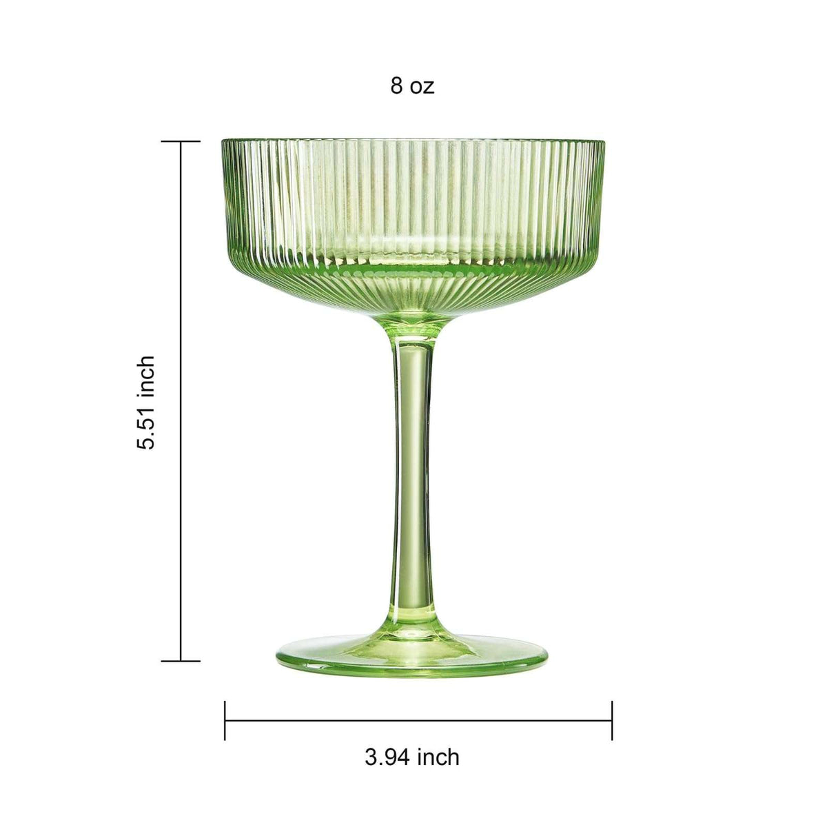 Green acrylic ribbed champagne coupe glass, 8 oz, 5.5 in tall.