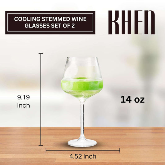 14 oz stemmed acrylic cooling wine glass with green band and clear bowl.