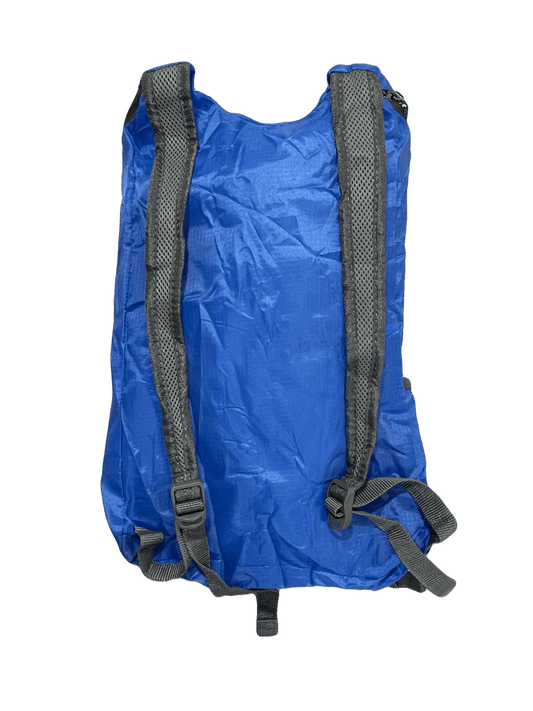 Blue polyester day pack with padded shoulder straps and top grab handle