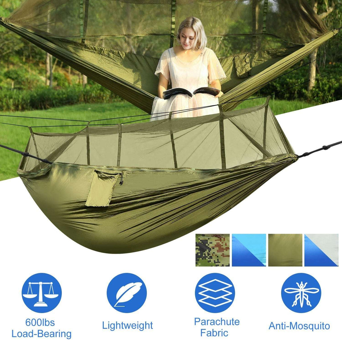Olive green two-person hammock with mosquito net, person seated inside