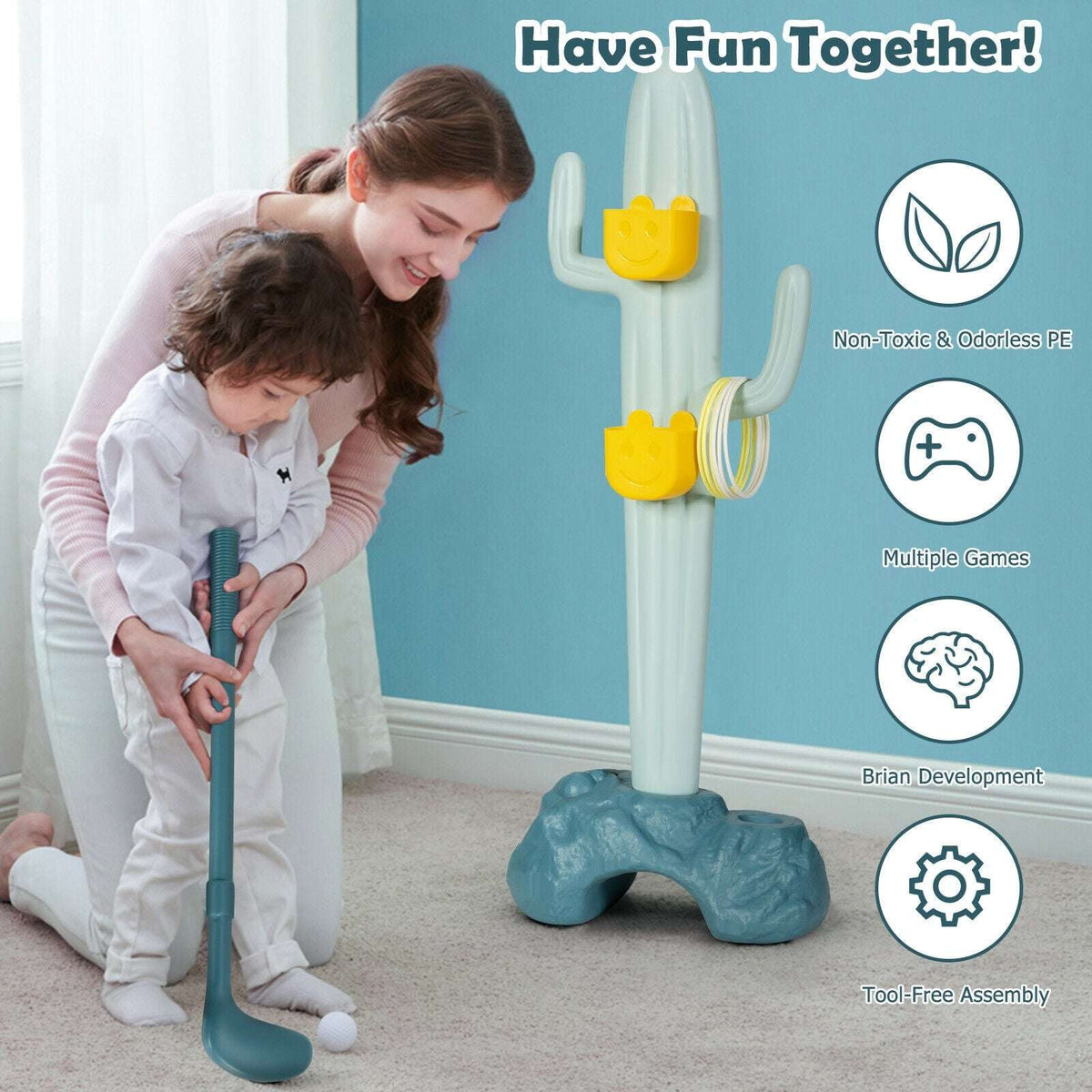 Cactus toy stand with golf accessories as an adult helps a child play