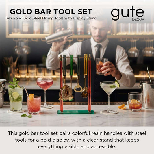 Bartender tool set with display stand; colorful resin-handled stainless tools for mixing drinks