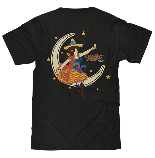 Black Miller High Life T-shirt with colorful girl-on-moon back graphic and stars
