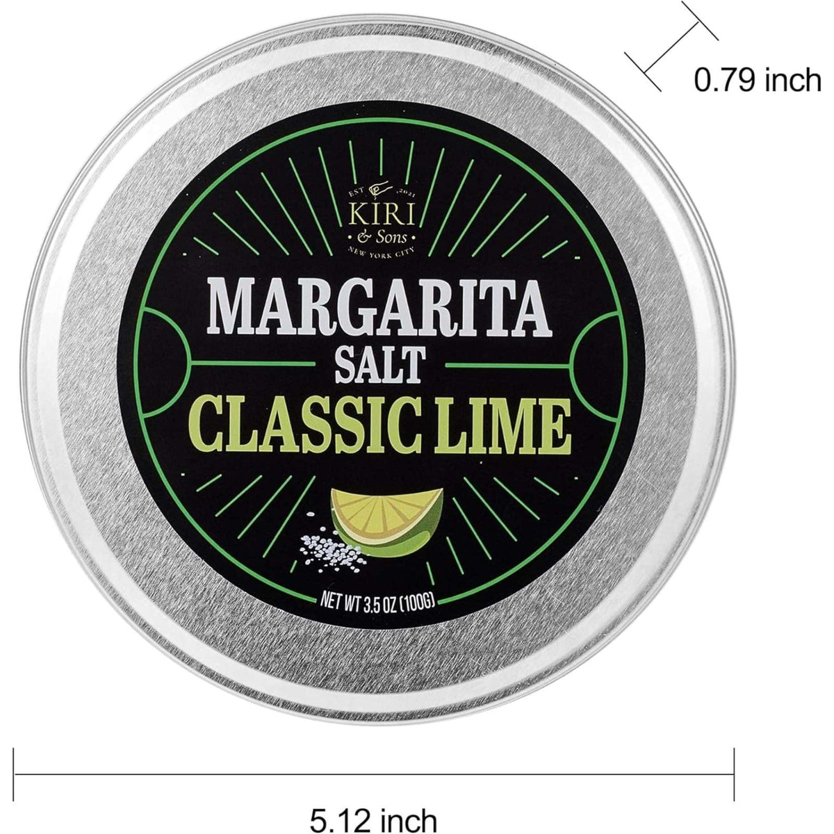 Margarita salt rimmer tin label, Classic Lime flavor, shown with 5.12 inch size