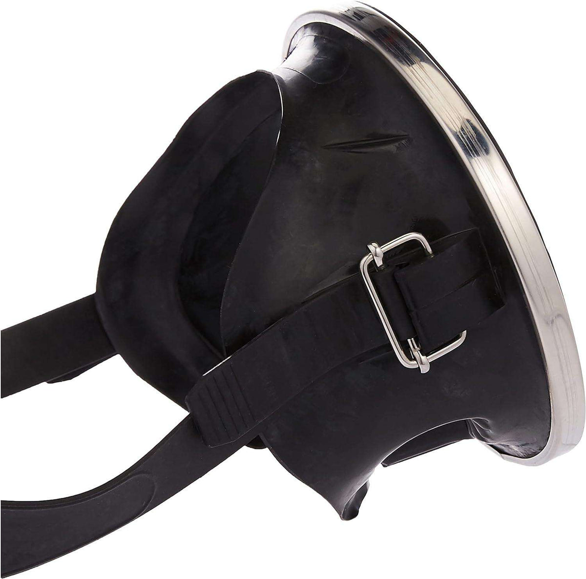 Oval scuba mask side view with black rubber skirt, single lens, and stainless clips