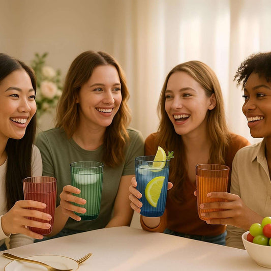 Set of four ribbed tumblers held by friends in blue, green, and amber colors