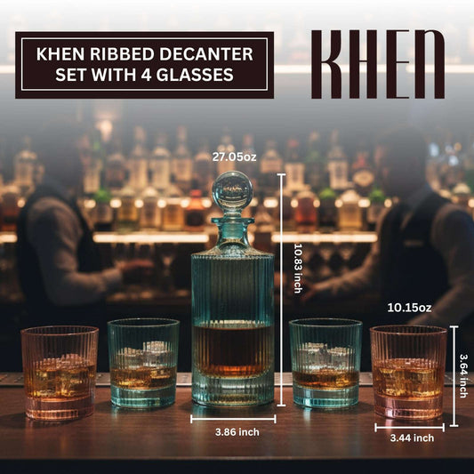 Ribbed glass decanter with four ribbed tumblers in teal and amber hues