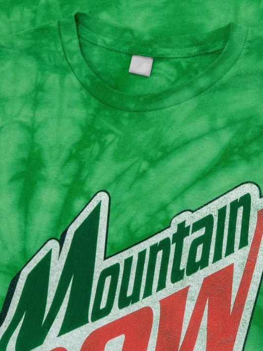 Green tie-dye T-shirt close-up of Mountain Dew retro logo