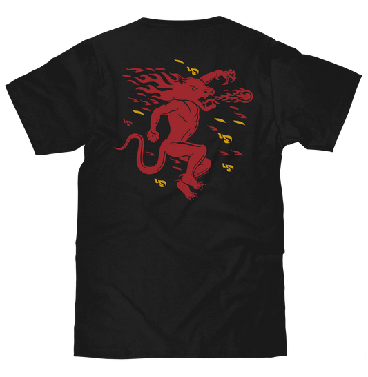 Black crew-neck T-shirt with large red Fireball dragon graphic on back