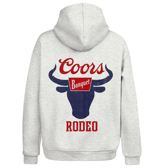 Ash gray pullover hoodie with large Coors Banquet Rodeo bull back graphic and RODEO text