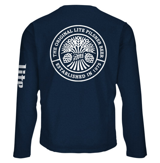 Navy long-sleeve T-shirt with round Miller Lite back logo