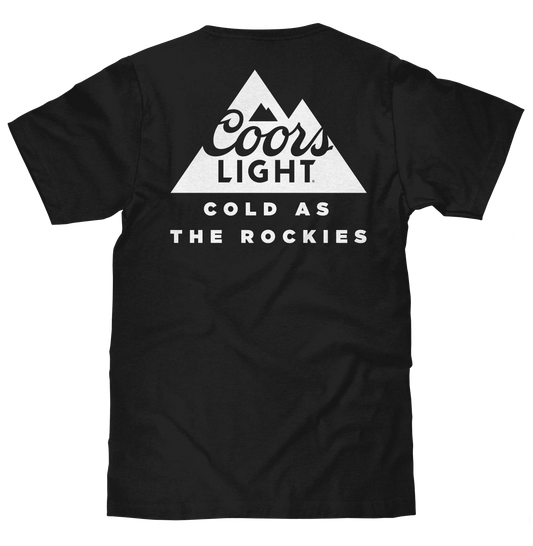 Black T-shirt with large back Coors Light triangle logo and “Cold as the Rockies” text