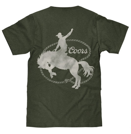 Moss green T-shirt back graphic with horse and Coors circle logo in white