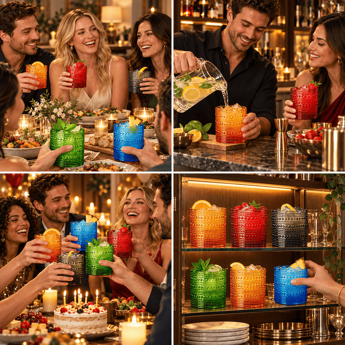 Collage of hobnail acrylic lowball glasses set with raised dot pattern, assorted colors